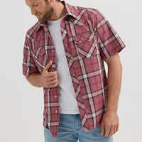Wrangler Retro Men's S/S Sawtooth Pocket Plaid Western Snap Shirt in Dark Rose