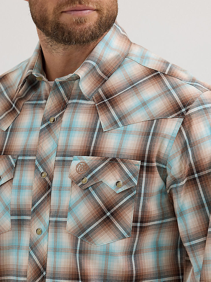 Wrangler Retro Men's L/S Sawtooth Pocket Plaid Western Snap Shirt in Tannin Plaid (Available in Tall Sizes)