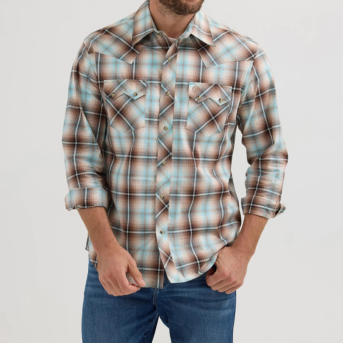 Wrangler Retro Men's L/S Sawtooth Pocket Plaid Western Snap Shirt in Tannin Plaid (Available in Tall Sizes)