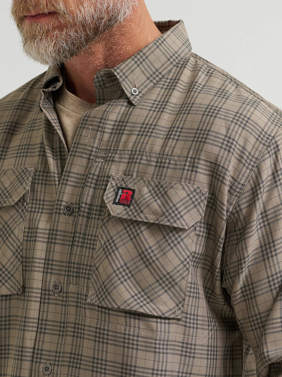 Wrangler Men's Riggs Workwear L/S Technical Work Shirt in Dark Khaki Plaid (Available in Plus Sizes)