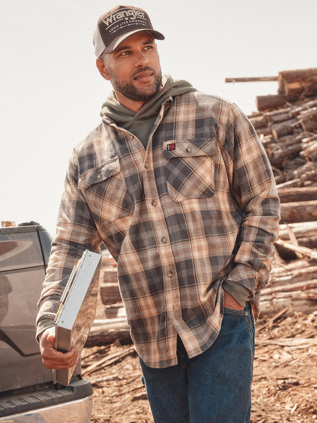 Wrangler Men's Riggs Workwear L/S Flannel Foreman Plaid Shirt in Asphalt (Available in Plus Sizes)