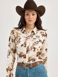 Wrangler Retro Women's Bold Bucking Cowboy Western Snap Shirt in Cacti Cream