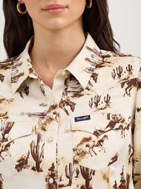 Wrangler Retro Women's Bold Bucking Cowboy Western Snap Shirt in Cacti Cream