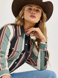 Wrangler Women's Retro L/S Brushpopper Boyfriend Western Snap Shirt in Black Stripe