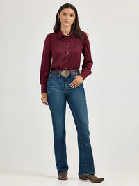 Wrangler Retro Women's Satin Rodeo Western Snap Blouse in Port