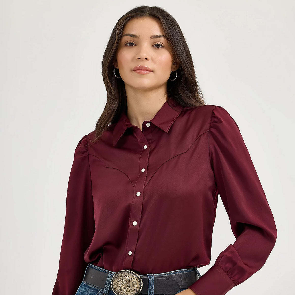 Wrangler Retro Women's Satin Rodeo Western Snap Blouse in Port