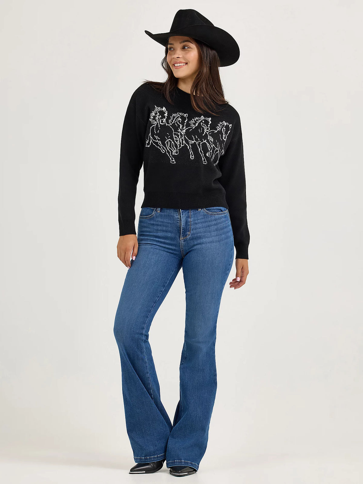 Wrangler Retro Women's Horse Instarsia Crew Neck Sweater in Black