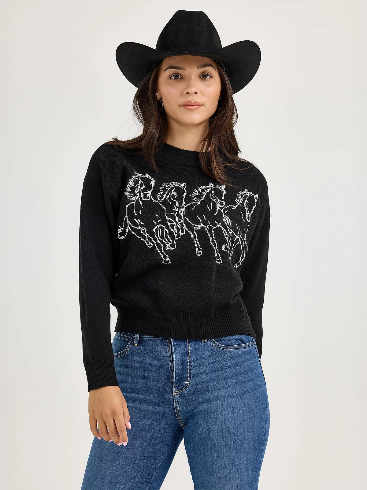 Wrangler Retro Women's Horse Instarsia Crew Neck Sweater in Black