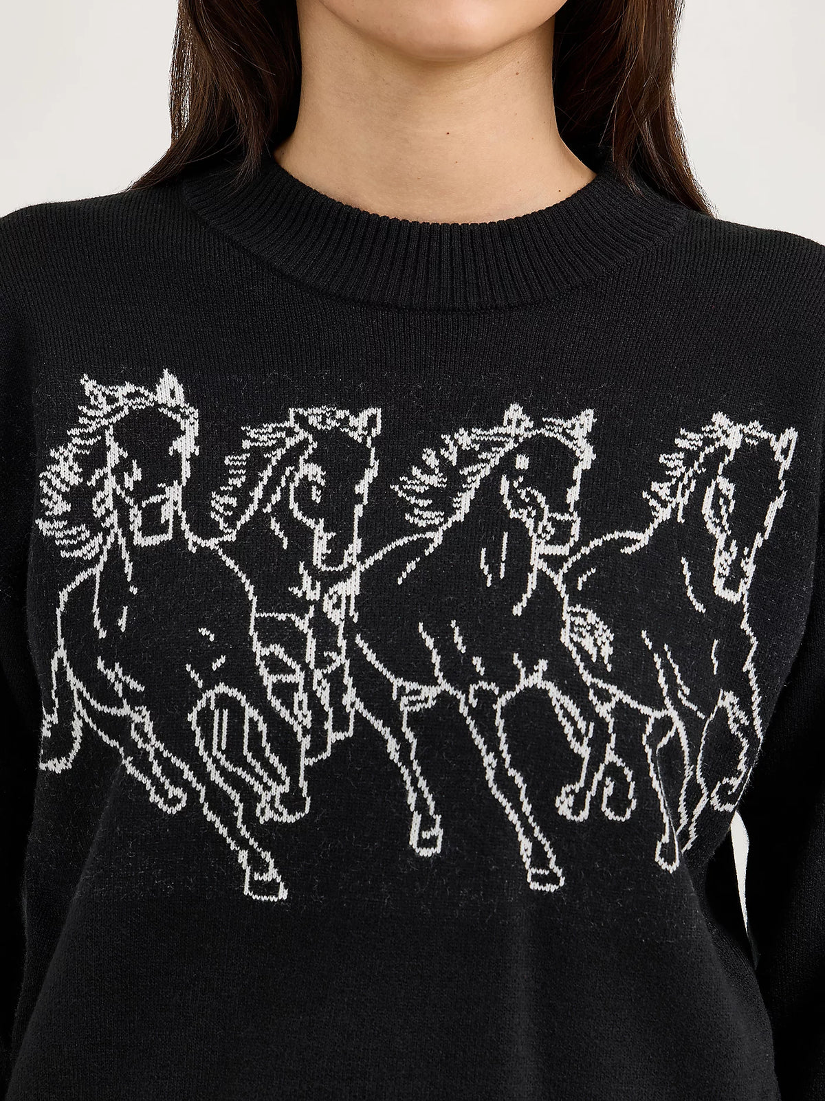 Wrangler Retro Women's Horse Instarsia Crew Neck Sweater in Black