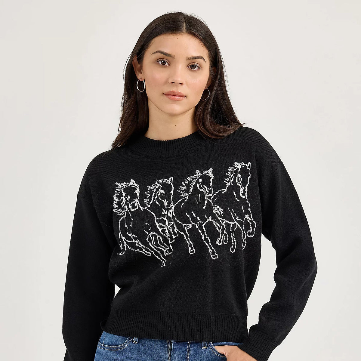 Wrangler Retro Women's Horse Instarsia Crew Neck Sweater in Black