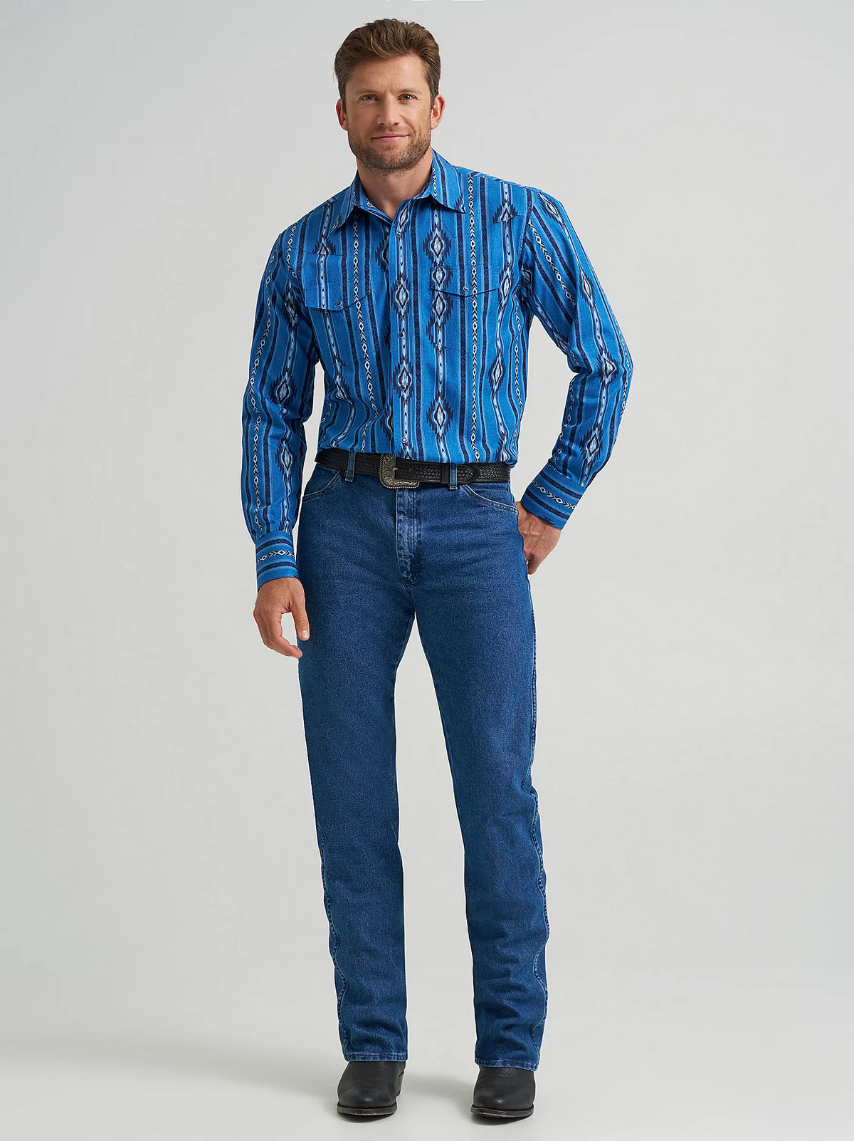 Wrangler Men's Checotah L/S Western Snap Shirt in Blue Darkly