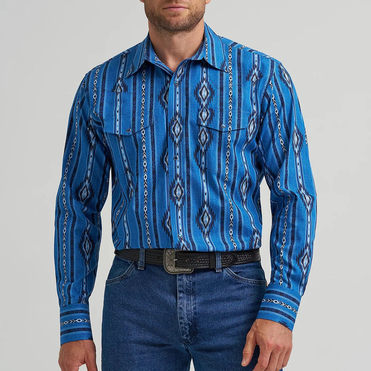 Wrangler Men's Checotah L/S Western Snap Shirt in Blue Darkly