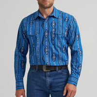 Wrangler Men's Checotah L/S Western Snap Shirt in Blue Darkly