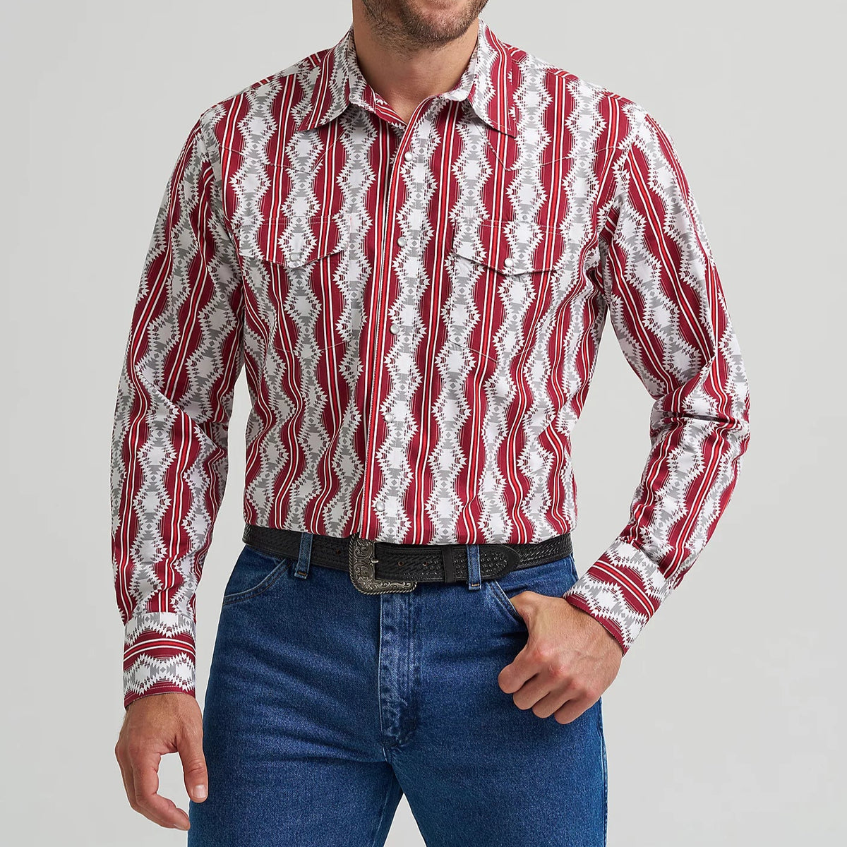 Wrangler Men's Checotah L/S Western Snap Shirt in Burgundy Shadow