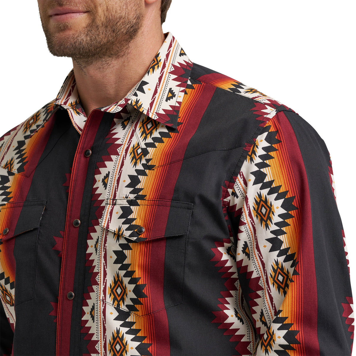 Wrangler Men's Checotah L/S Western Snap Shirt in Black Multi-Print