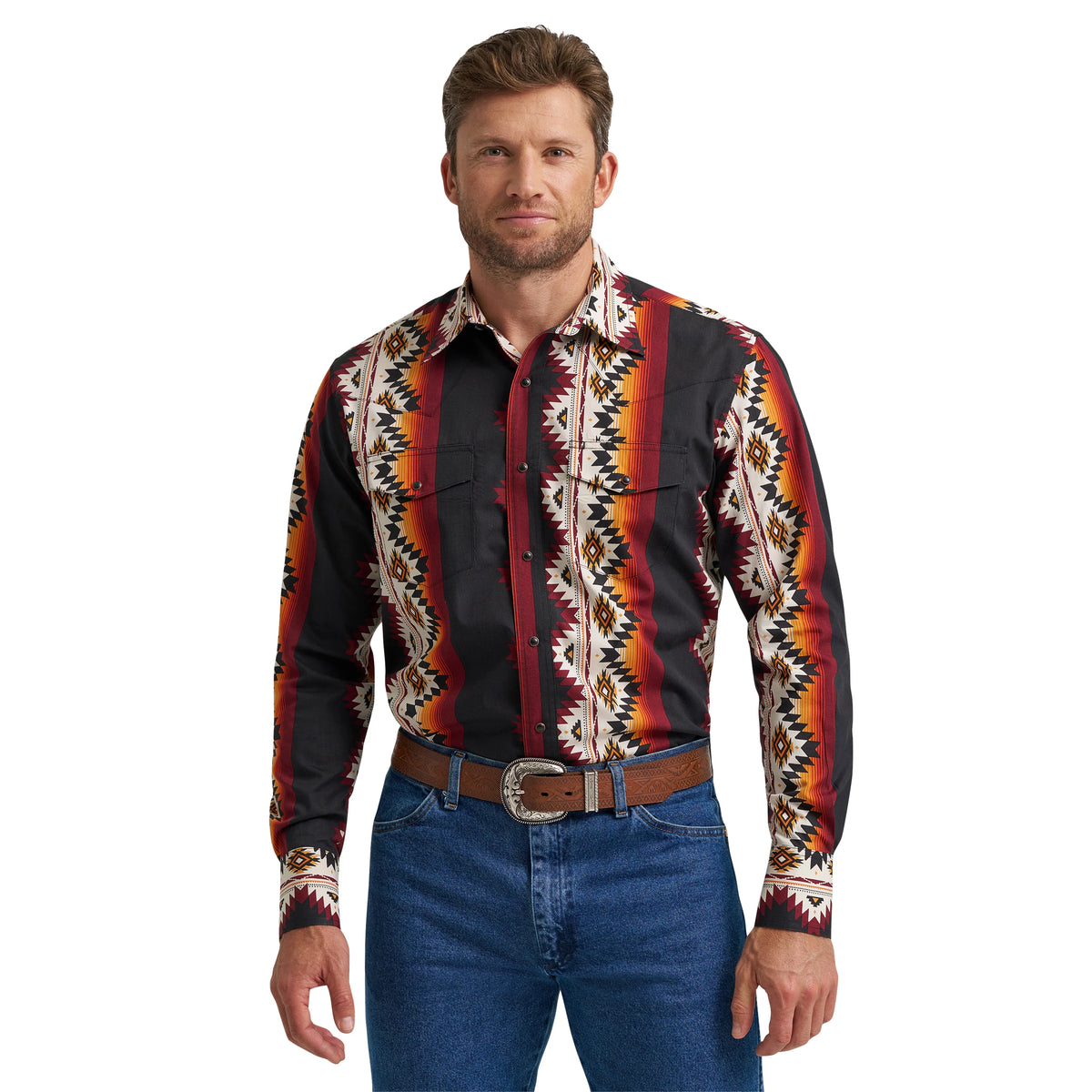 Wrangler Men's Checotah L/S Western Snap Shirt in Black Multi-Print