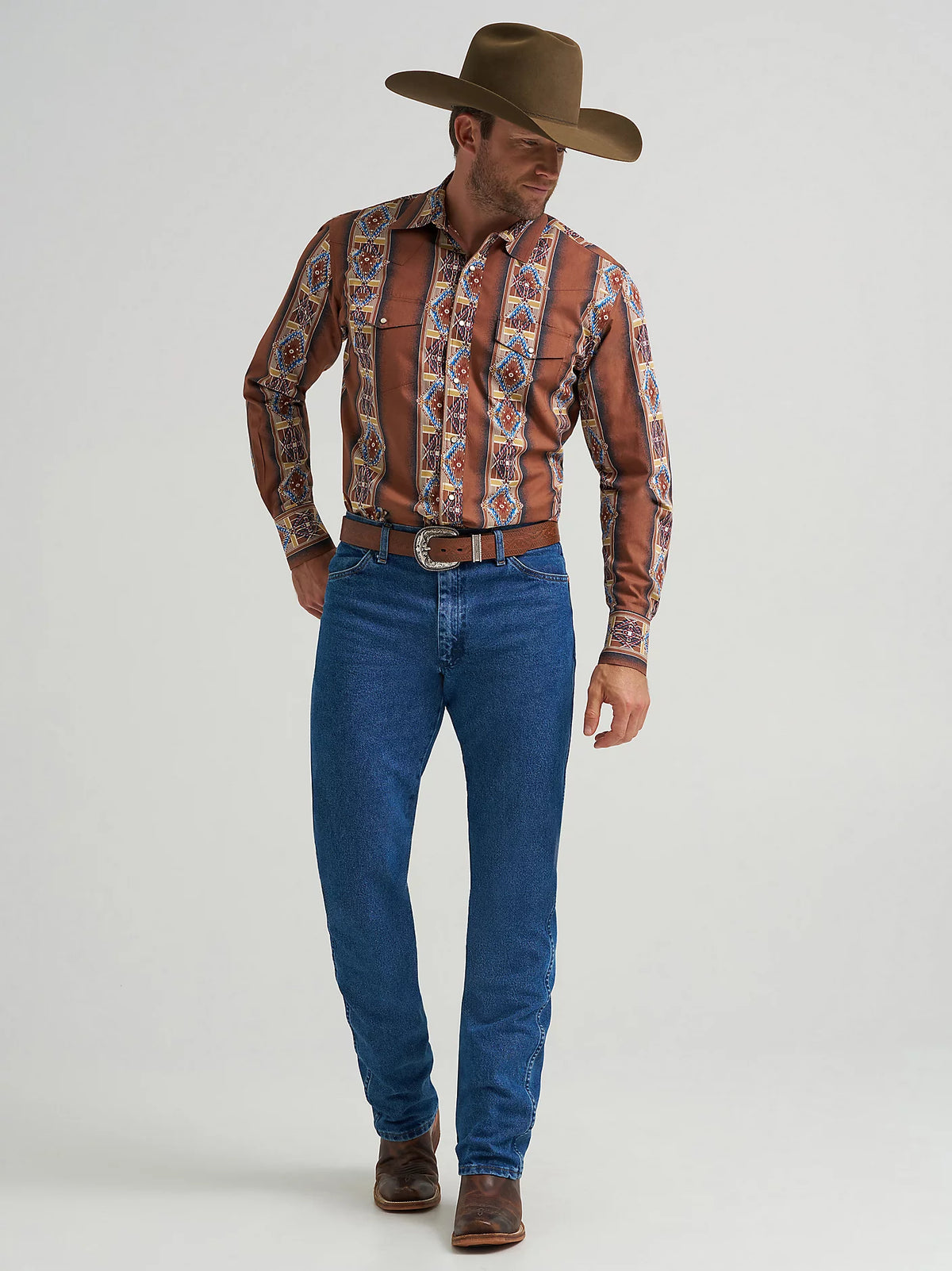 Wrangler Men's Checotah L/S Western Snap Shirt in Brown Rose Window