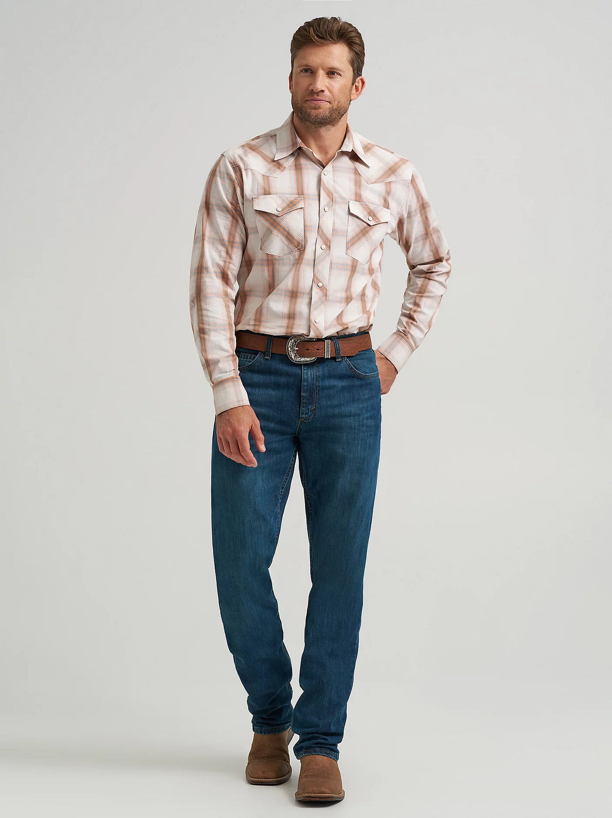 Wrangler Men's 20X L/S Competition Western Snap Shirt in Ecru Plaid (Available in Tall Sizes!)