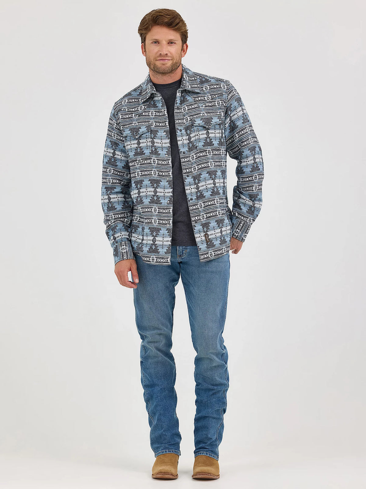 Wrangler Retro Men's Premium Jacquard Snap Shirt Jacket in Baby Blue (Available in Tall Sizes!)