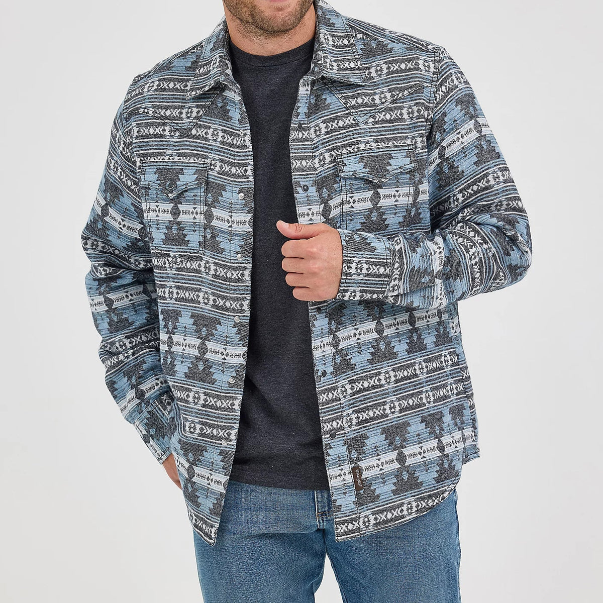 Wrangler Retro Men's Premium Jacquard Snap Shirt Jacket in Baby Blue (Available in Tall Sizes!)