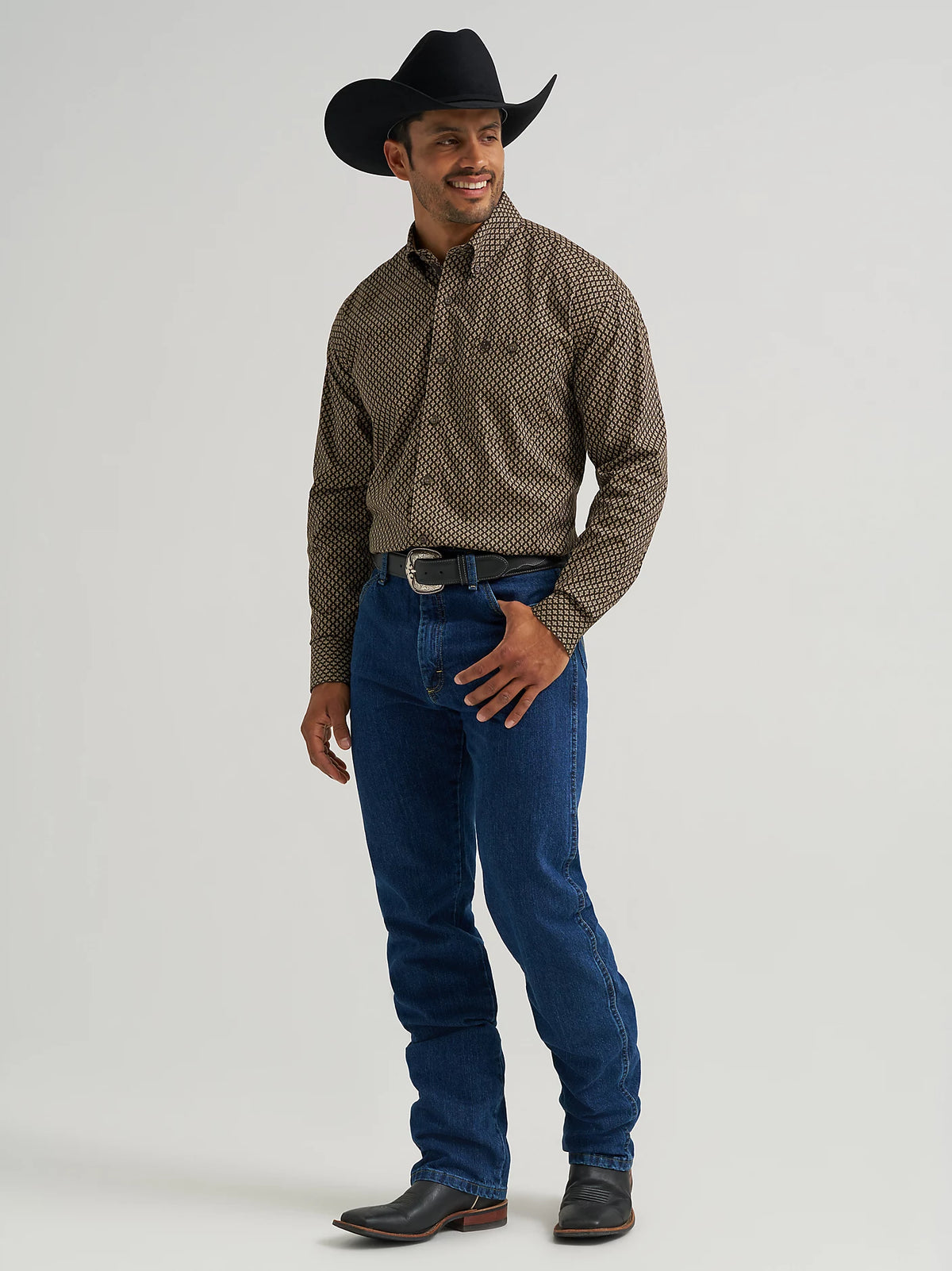 Wrangler Men's L/S George Strait Button Down Shirt in Coffee Rhombi (Available in Plus Sizes)