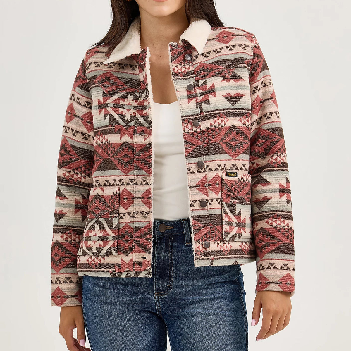 Wrangler Women's Sherpa Lined Jacquard Barn Jacket in Burgundy