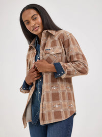 Wrangler Women's Retro L/S Boyfriend Shirt Jacket in Brown Plaid