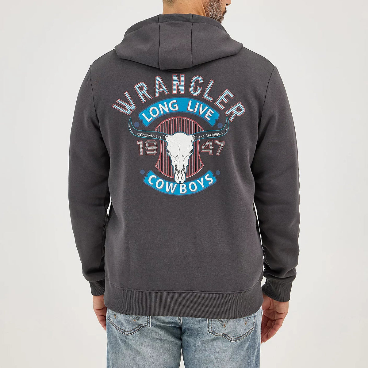 Wrangler Men's Long Live Cowboys Pullover Hoodie in Worn Grey