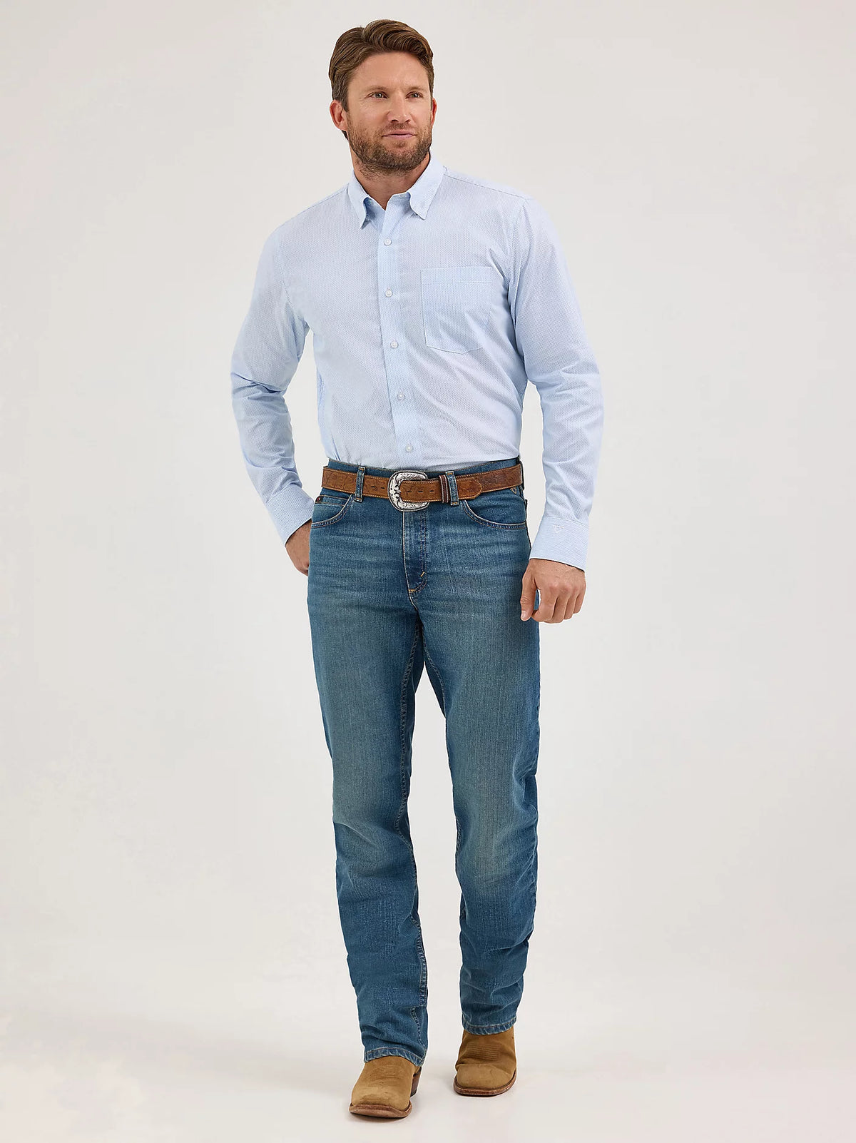 Wrangler Men's L/S Cody Johnson One Pocket Striped Button Down Shirt in Blue