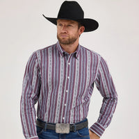 Wrangler Men's L/S Cody Johnson One Pocket Striped Button Down Shirt in Mauve (Available in Tall Sizes)