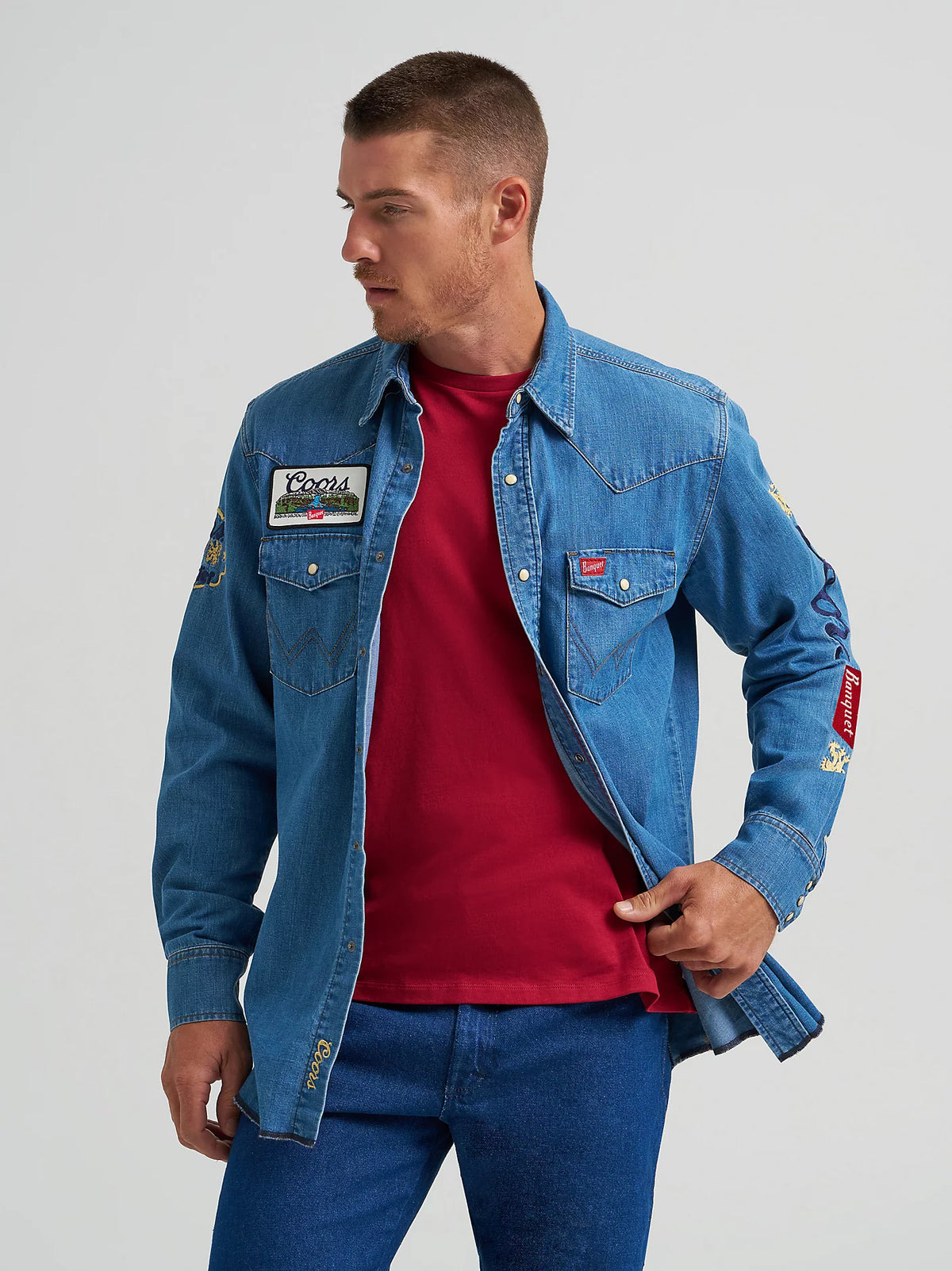 Wrangler x Coors Men's L/S Denim Shirt in Golden Blue