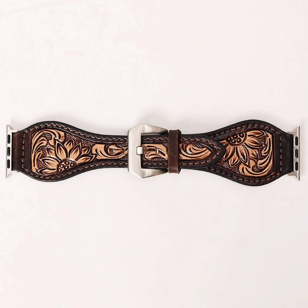 American Darling Two-Toned Floral Sunflower Tooled Tapered Leather iWatch Band