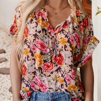 Women's S/S Floral Tie Neck Blouse in Pink