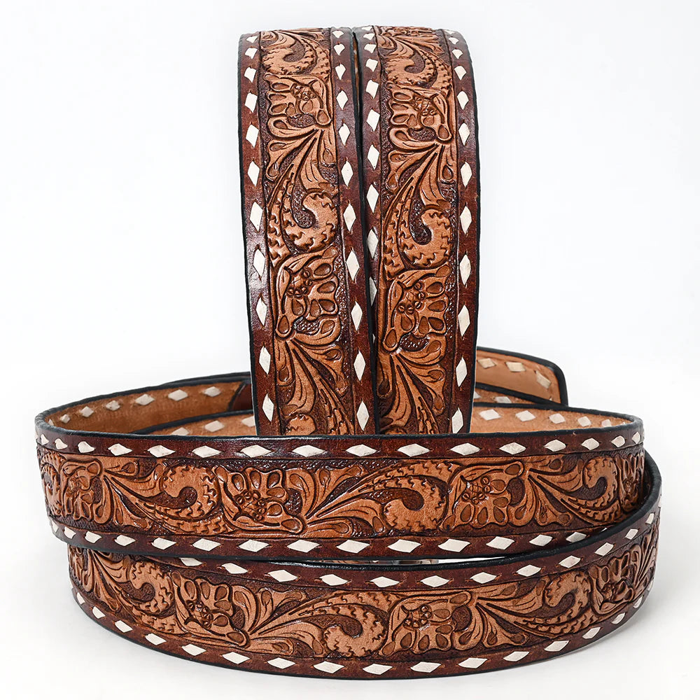 American Darling Western Floral Tooled & White Buckstitched Leather Belt