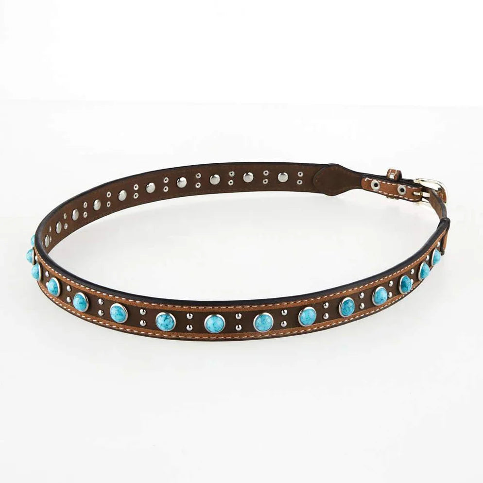Medium Brown Leather Hat Band with Turquoise Stones & Studs  display picture 1