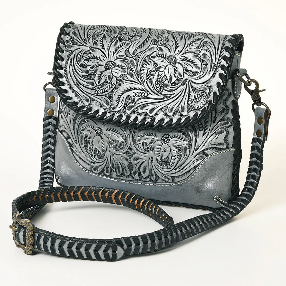 American Darling Leather Floral Tooled Crossbody Bag in Grey