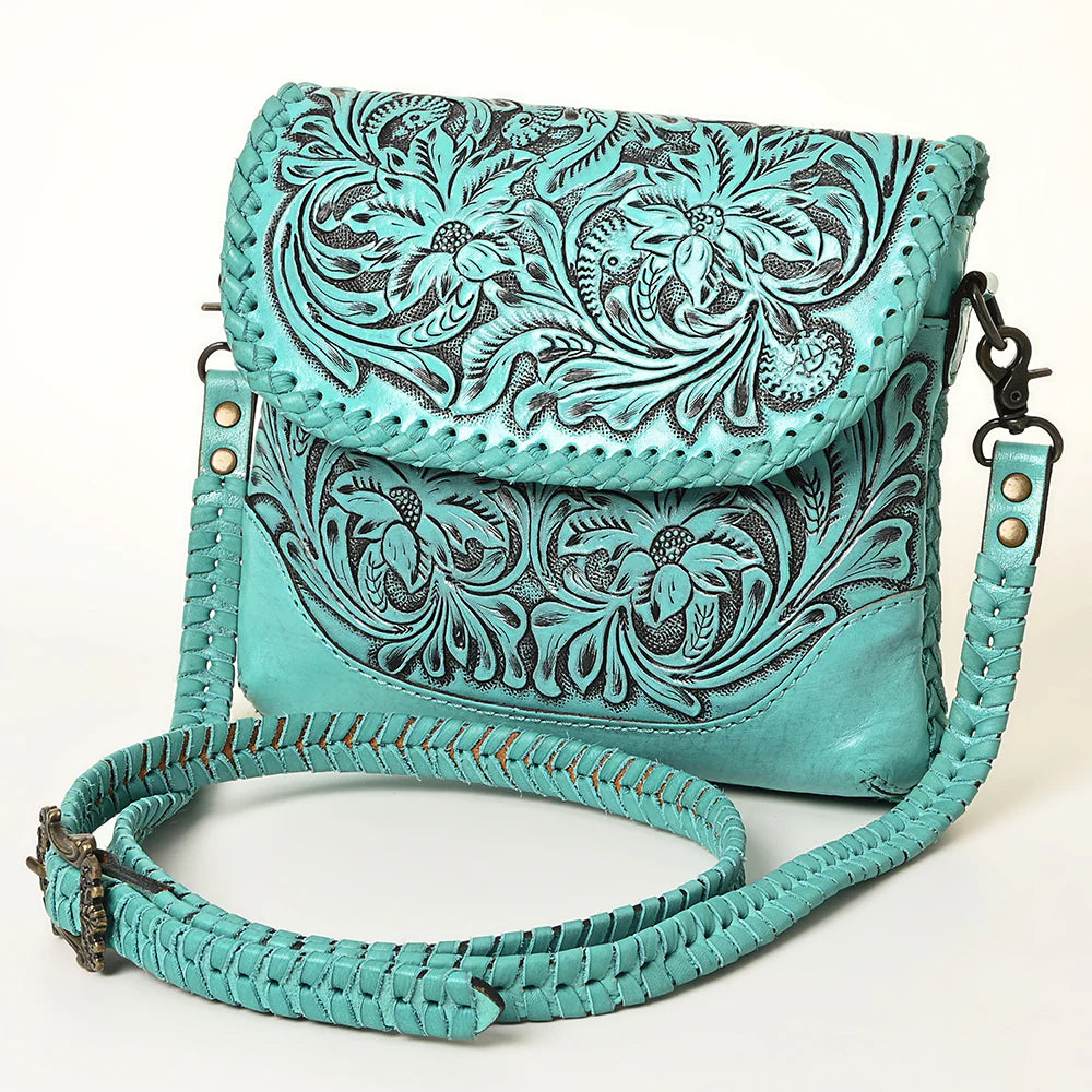 American Darling Leather Floral Tooled Crossbody Bag in Turquoise