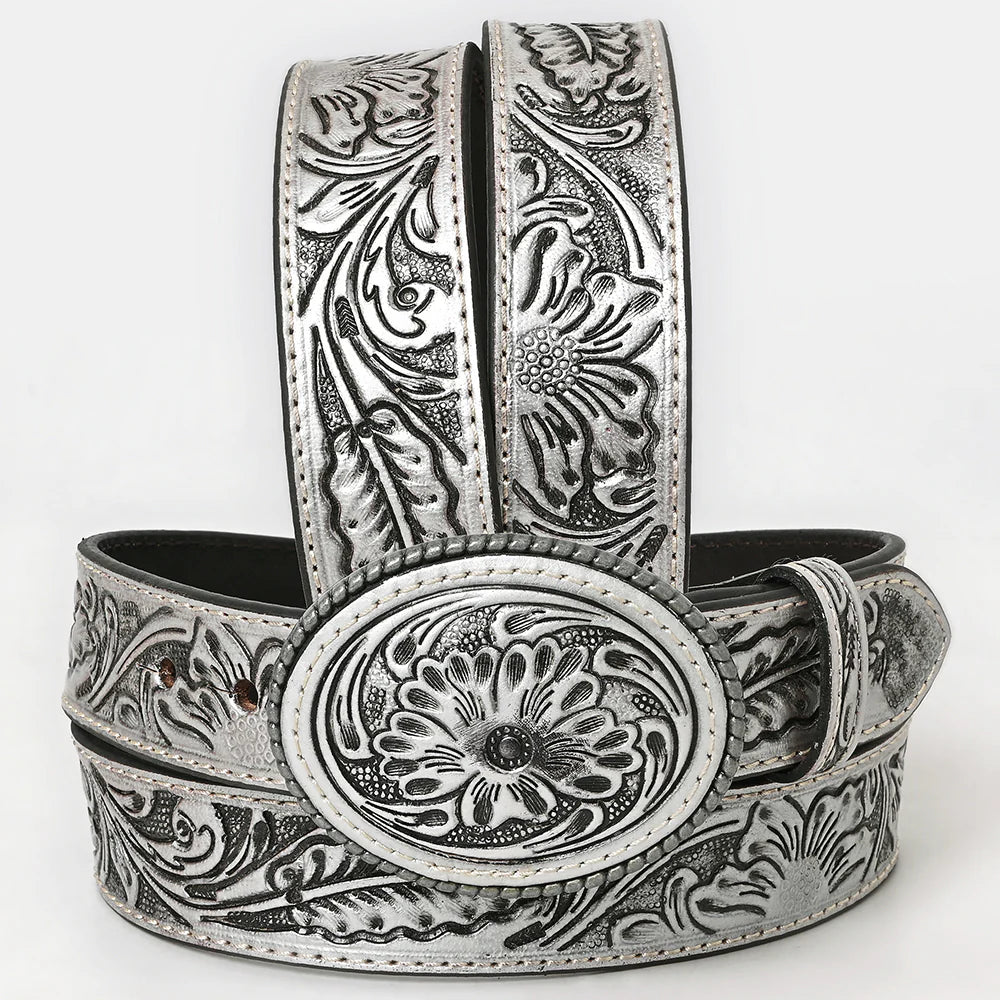 Tooled Leather Western Belt with Floral Silver-Tone Buckle Kid main image 2