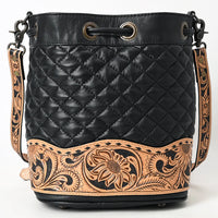 American Darling Floral Tooled Quilted Black Leather Crossbody Bucket Bag