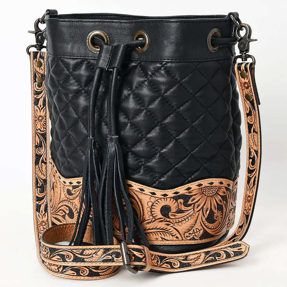 American Darling Floral Tooled Quilted Black Leather Crossbody Bucket Bag