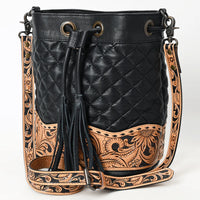 American Darling Floral Tooled Quilted Black Leather Crossbody Bucket Bag