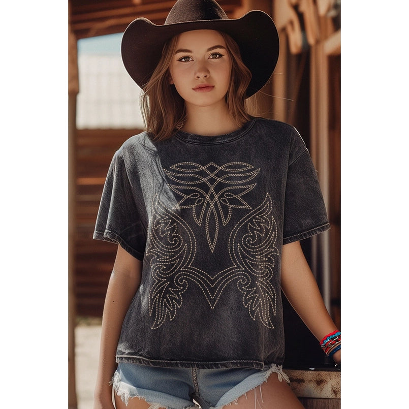 Women's Western Boot Stitch Short Graphic Tee (3 Color Choices)