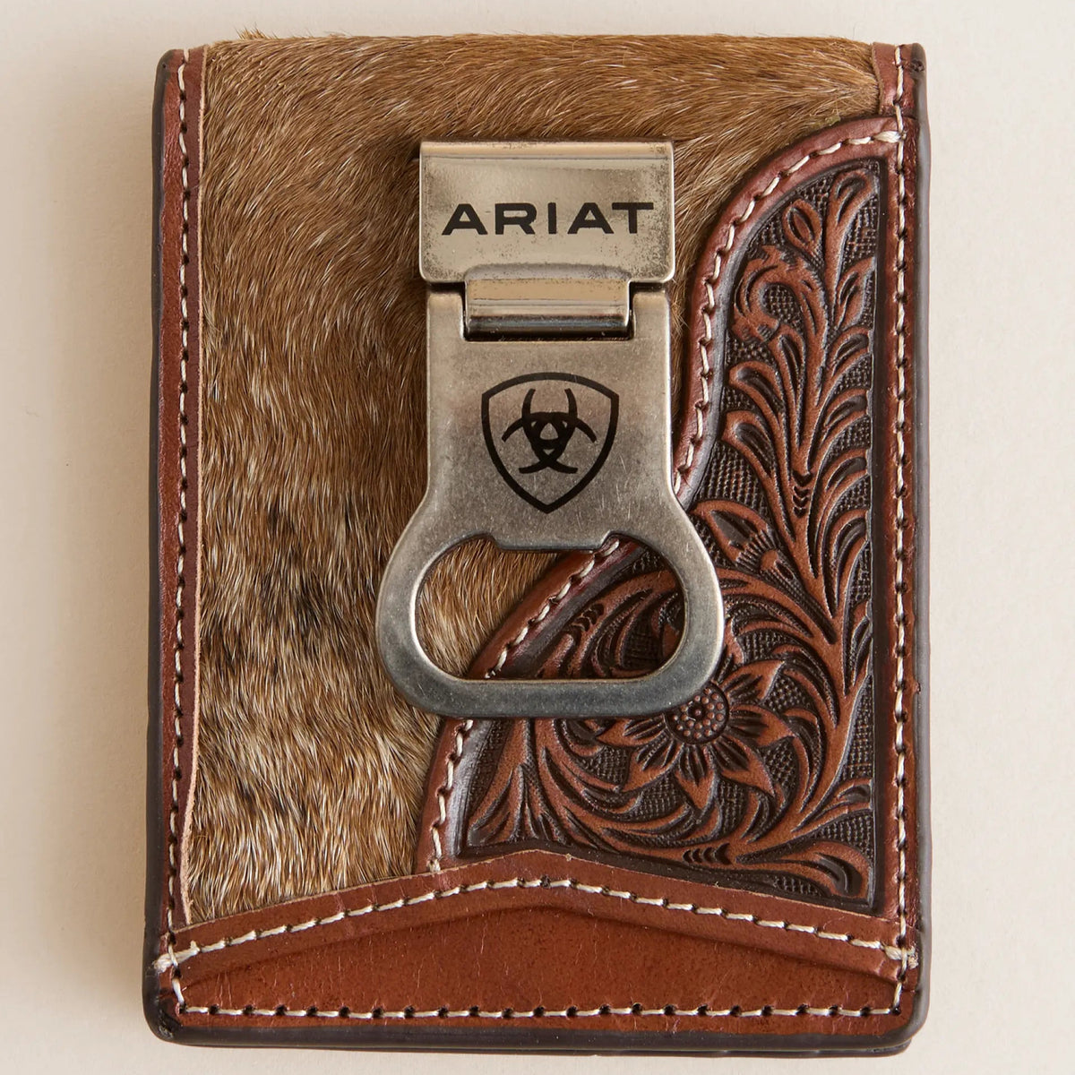 Ariat Men's Calf Hair & Floral Embossed Leather Money Clip Wallet