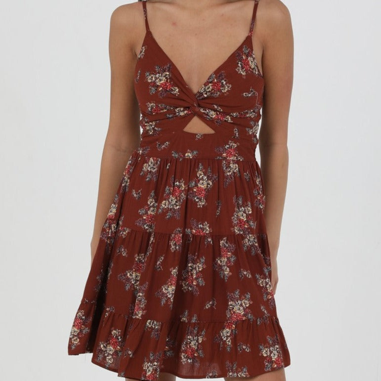 Women's Twist Front Ditsy Floral Sundress in Burgundy