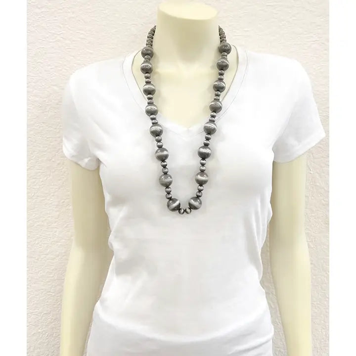 30" Large Silver Navajo Inspired Bead Necklace