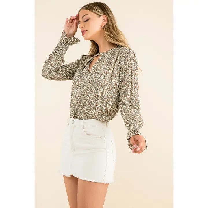 Women's L/S Floral Print Blouse in Taupe