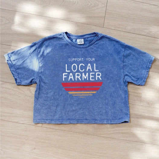 Women's "Support Your Local Farmer" Graphic Cropped Tee in Denim Blue