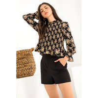 Women's L/S Smocked Floral Print Peplum Top in Black
