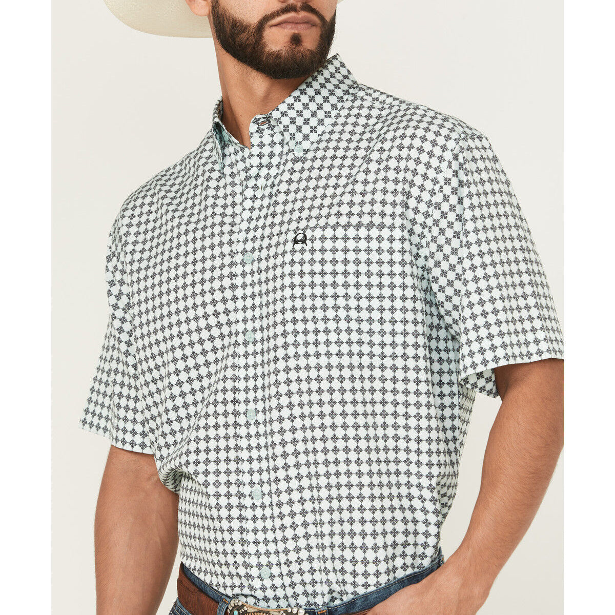 Cinch Men's S/S Arenaflex Geometric Print Western Button Down Shirt in Light Blue