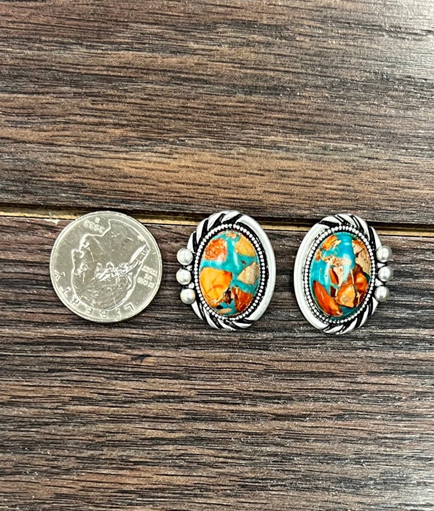 1" Oval Turquoise Stone with Large Matrix Stud Earrings